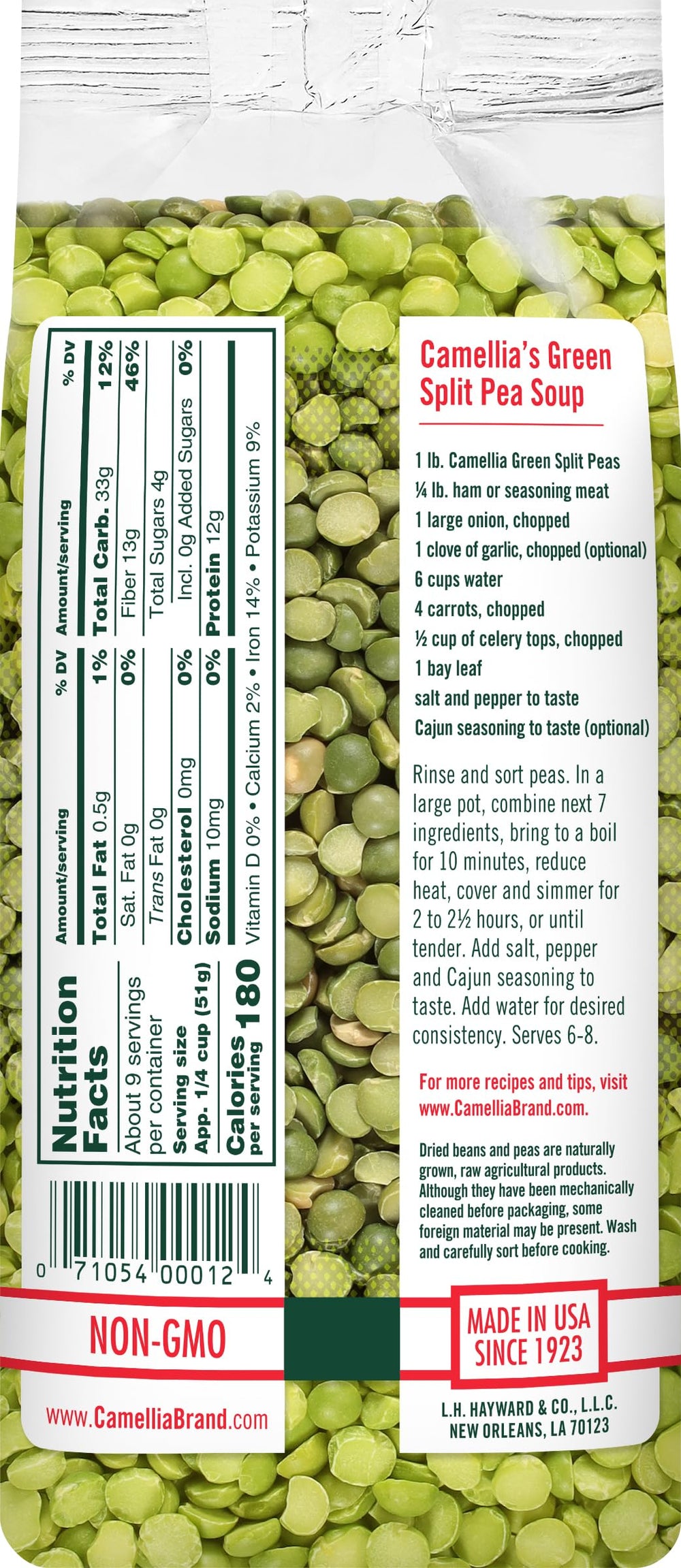 Camellia Brand dried green split peas closeup highlighting natural texture for soups.
