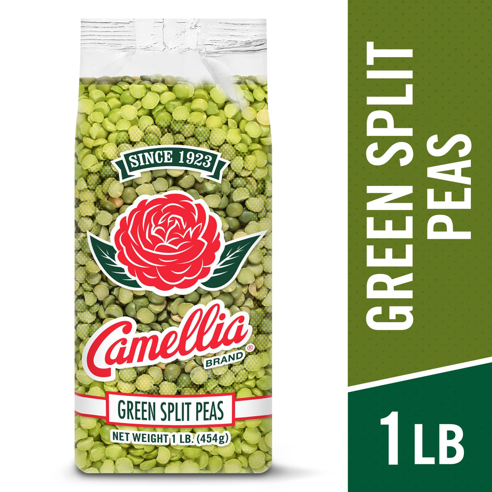Camellia Brand dried green split peas in bowl ready for creamy dishes.