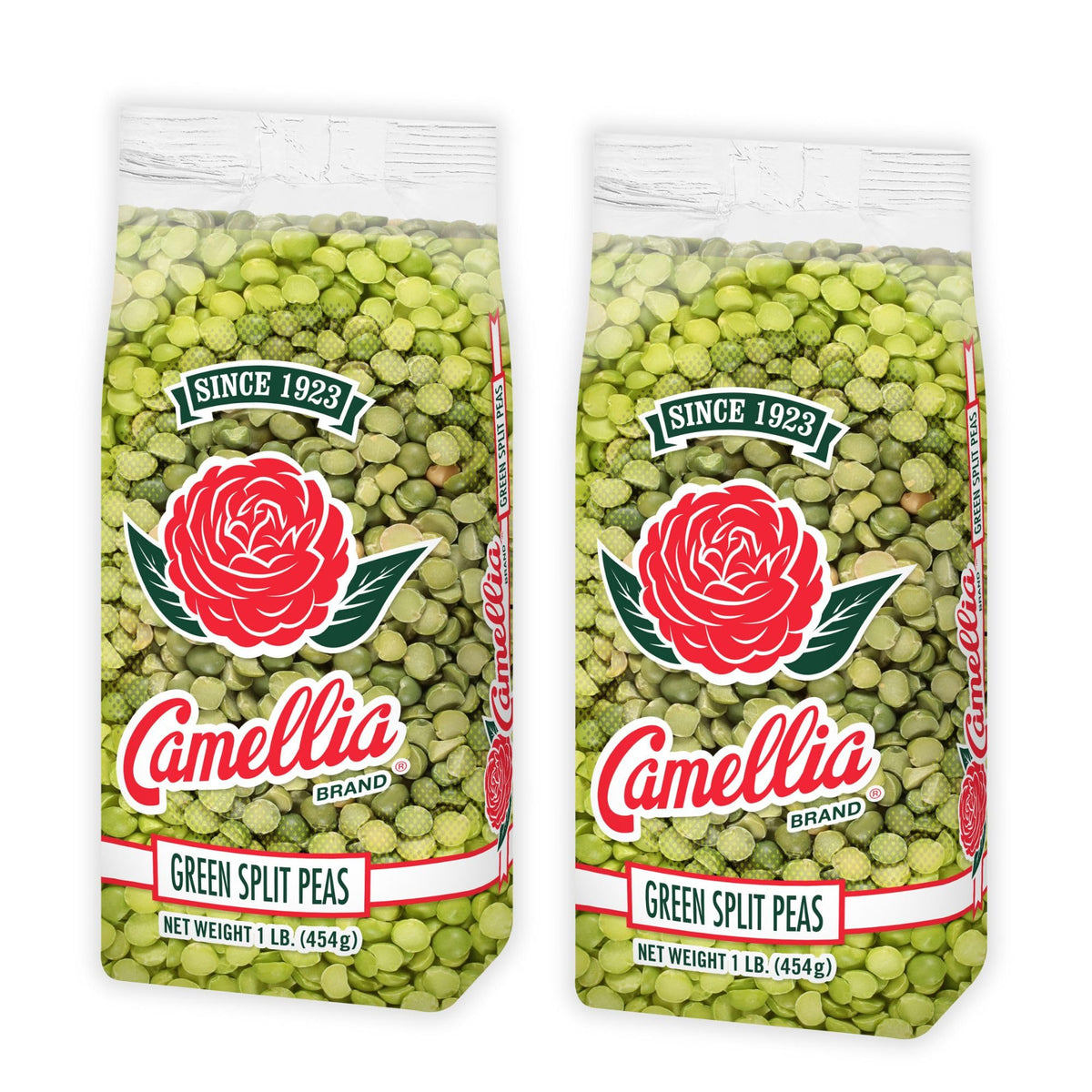 Camellia Brand dried green split peas packaging shown for pantry staples.