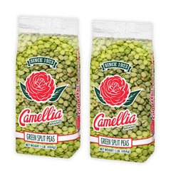 Camellia Brand dried green split peas packaging shown for pantry staples.