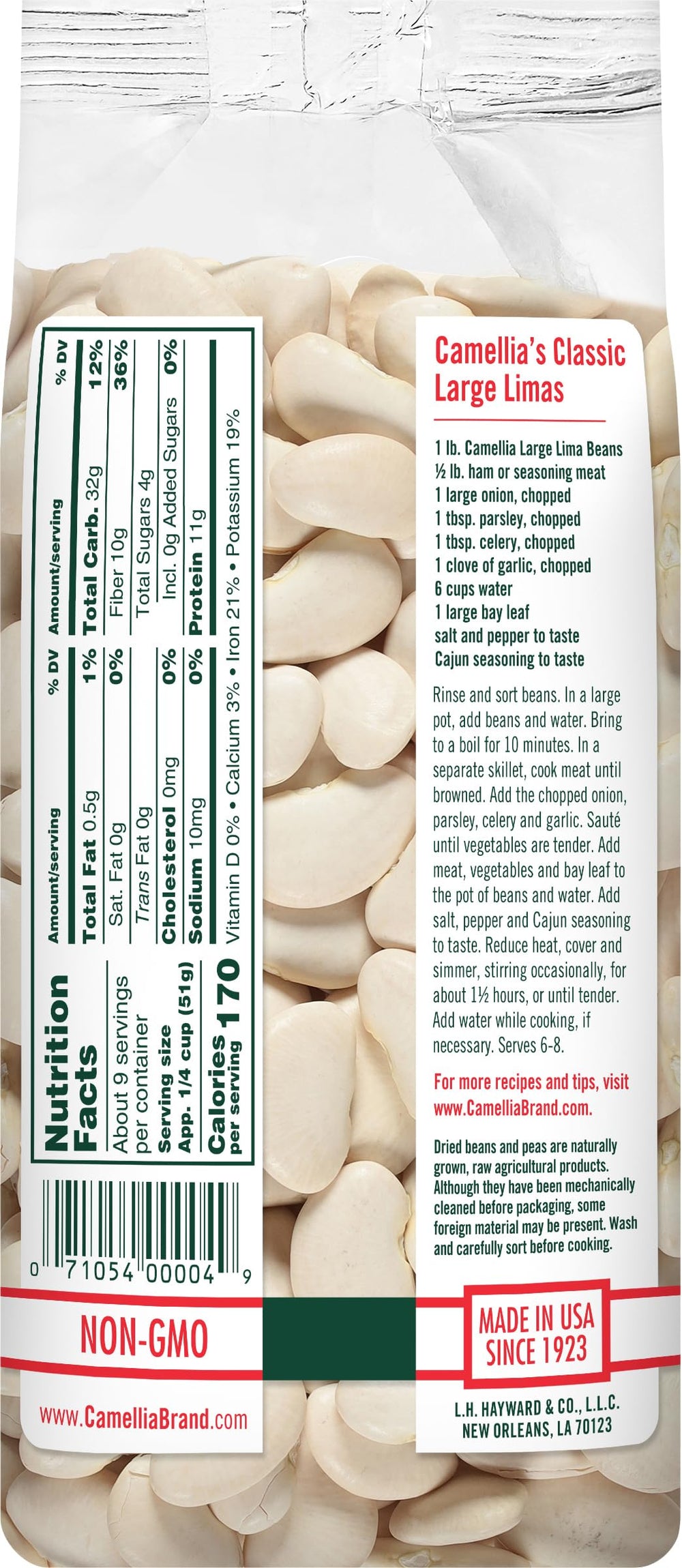 Close-up of Camellia Brand lima beans, ready to soak for creamy butter bean recipes.