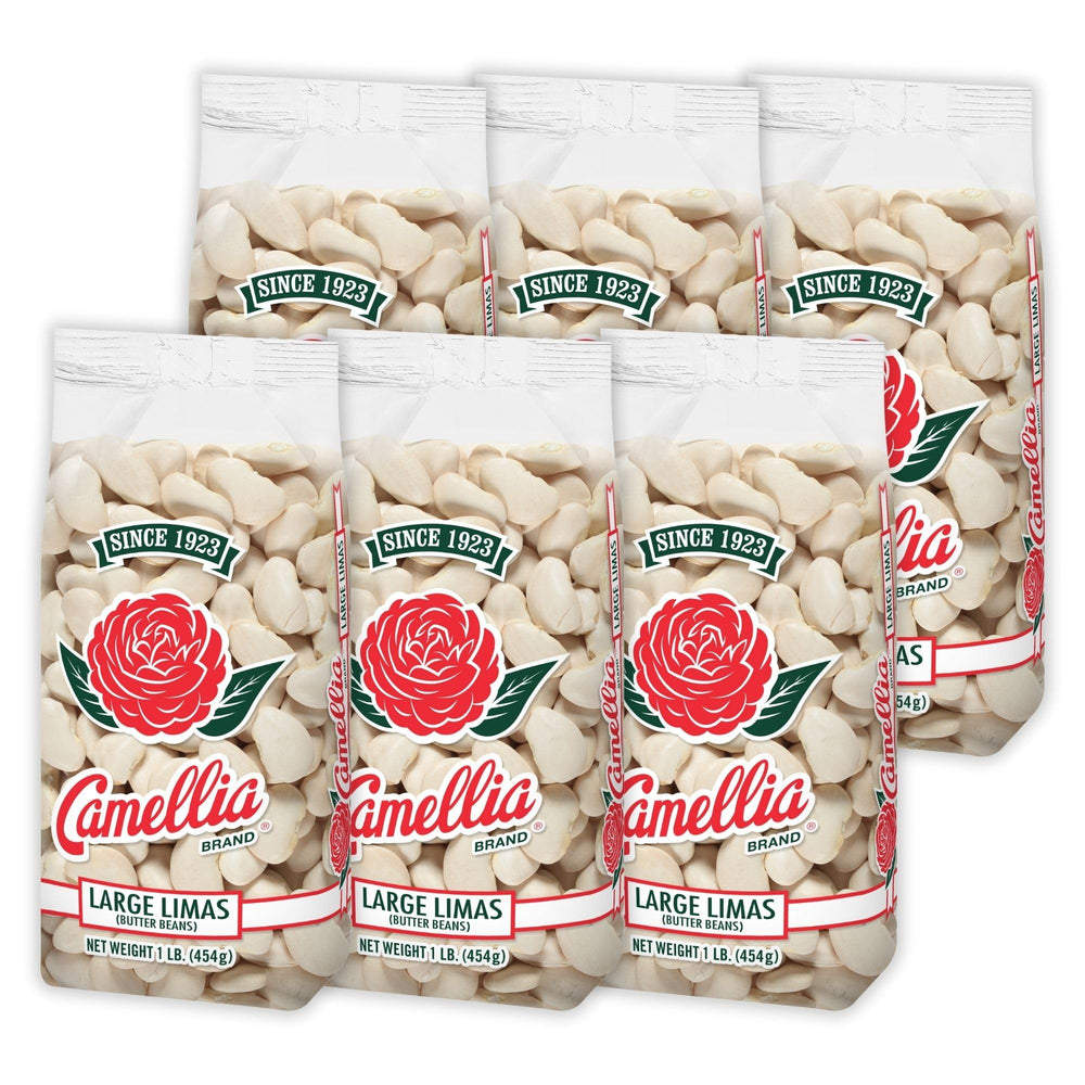 Camellia Brand dried large lima beans in a bag, perfect for comforting Southern-style dishes.