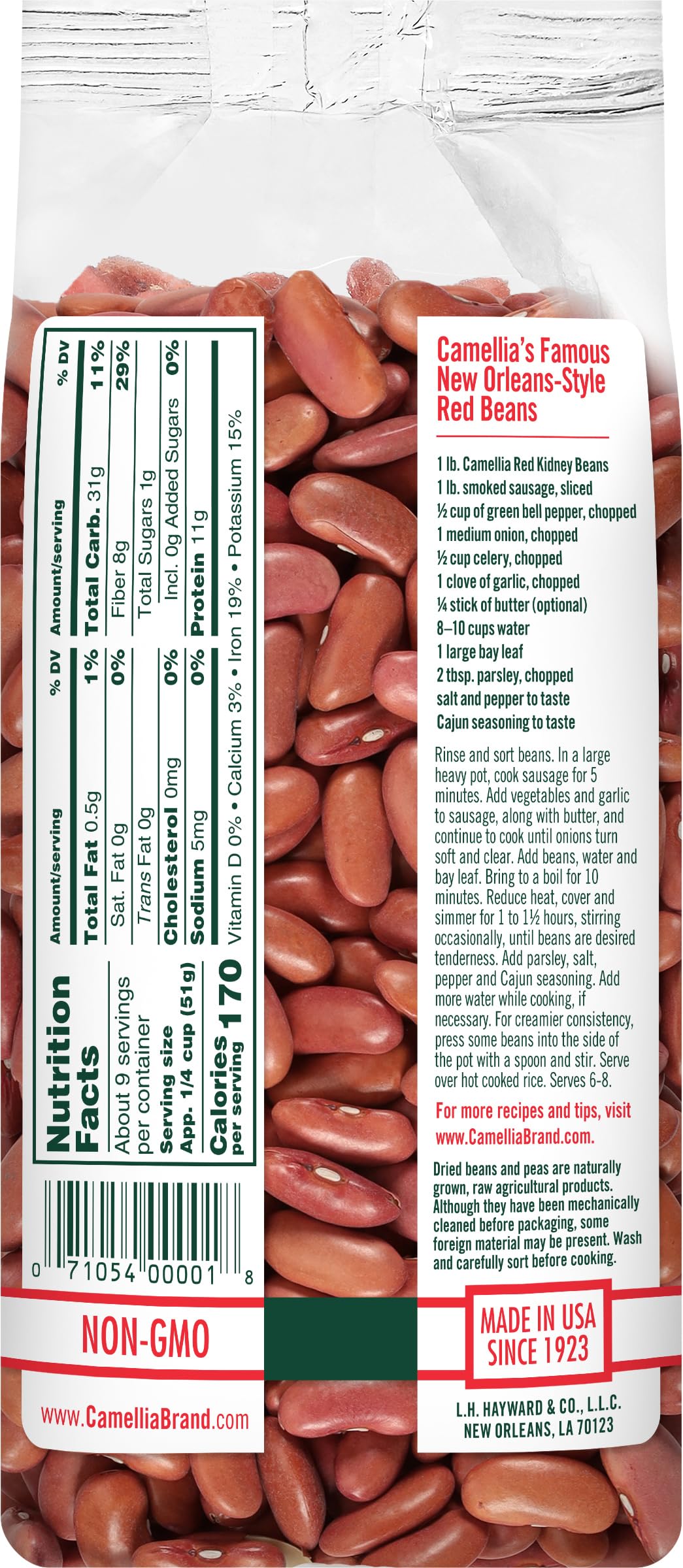 Camellia Brand red kidney beans in a bag, versatile base for chili and soups.