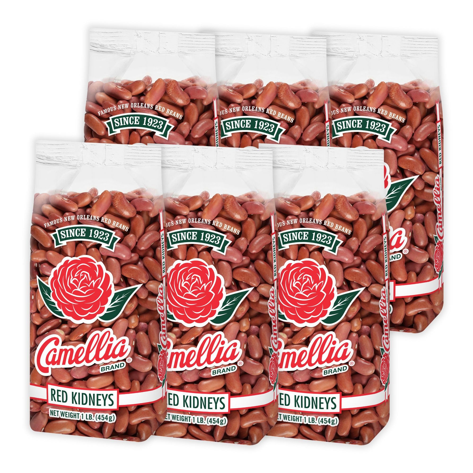 Camellia Brand dried red kidney beans in pack; ideal base for hearty chili and rice.