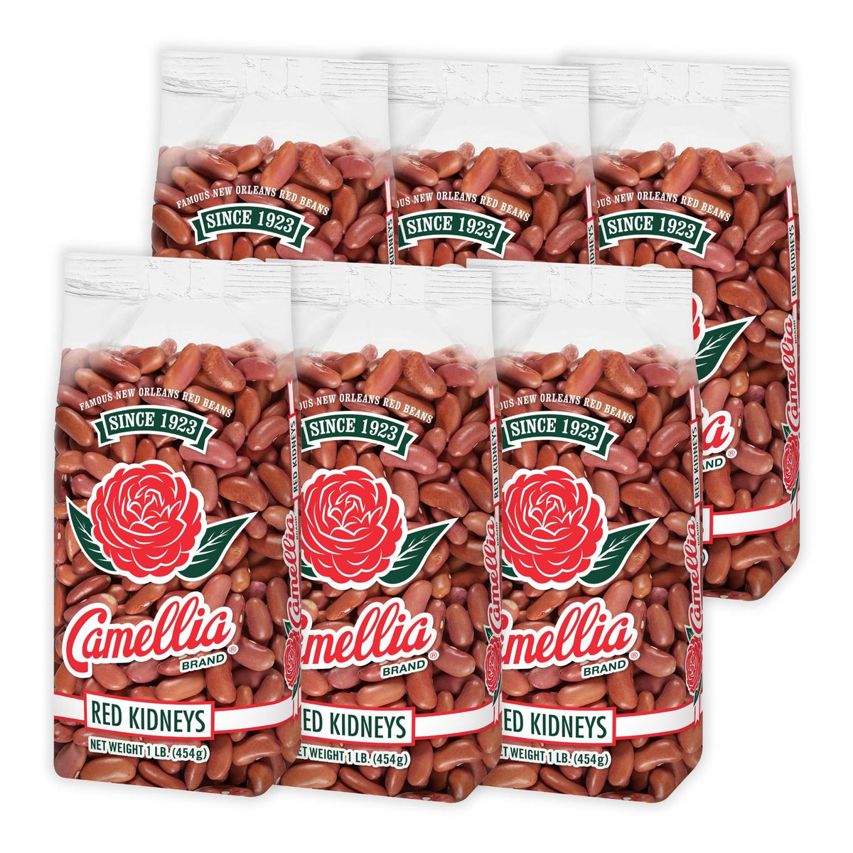Camellia Brand dried red kidney beans in pack; ideal base for hearty chili and rice.