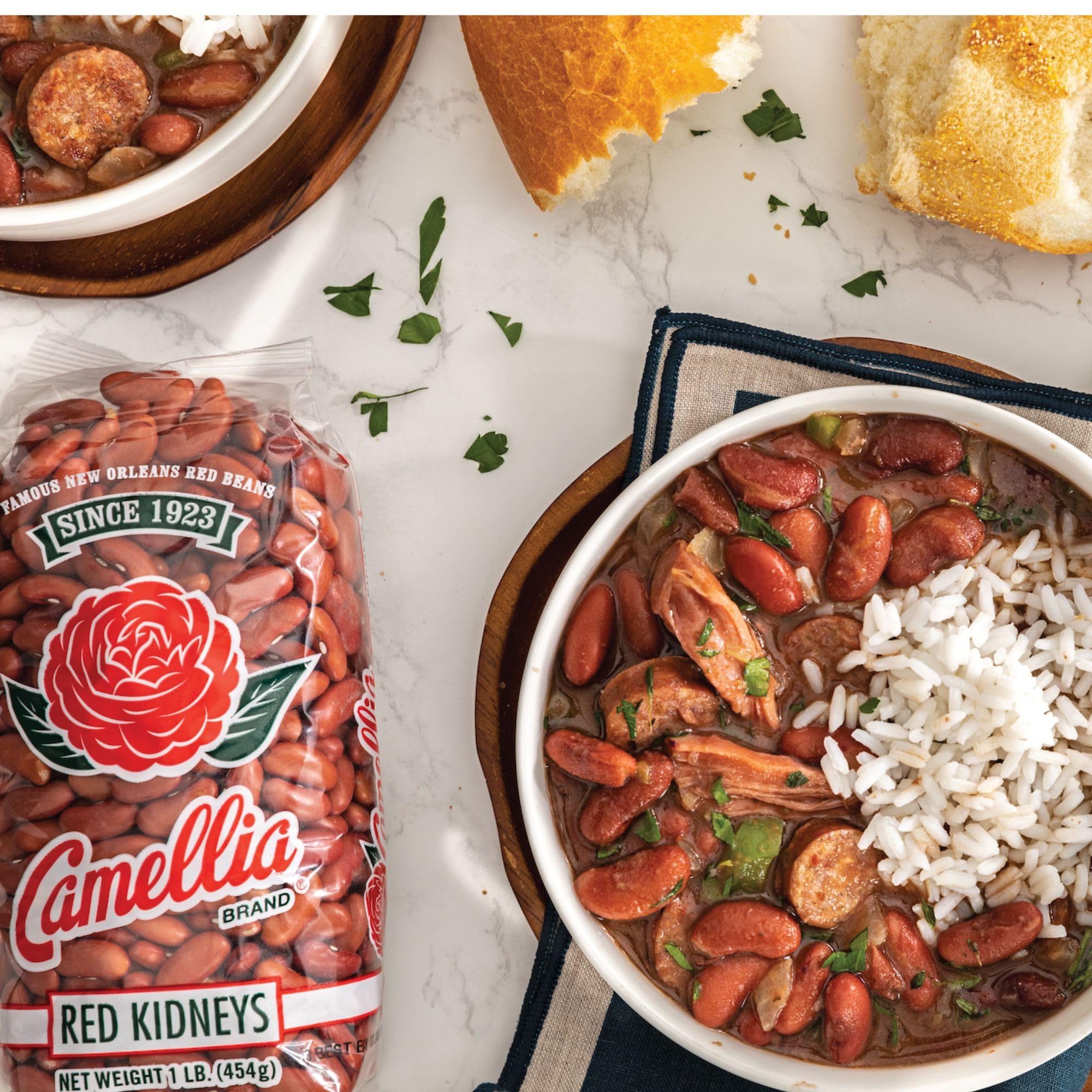 Camellia Brand dried red kidney beans in pantry-ready bag, long shelf life.