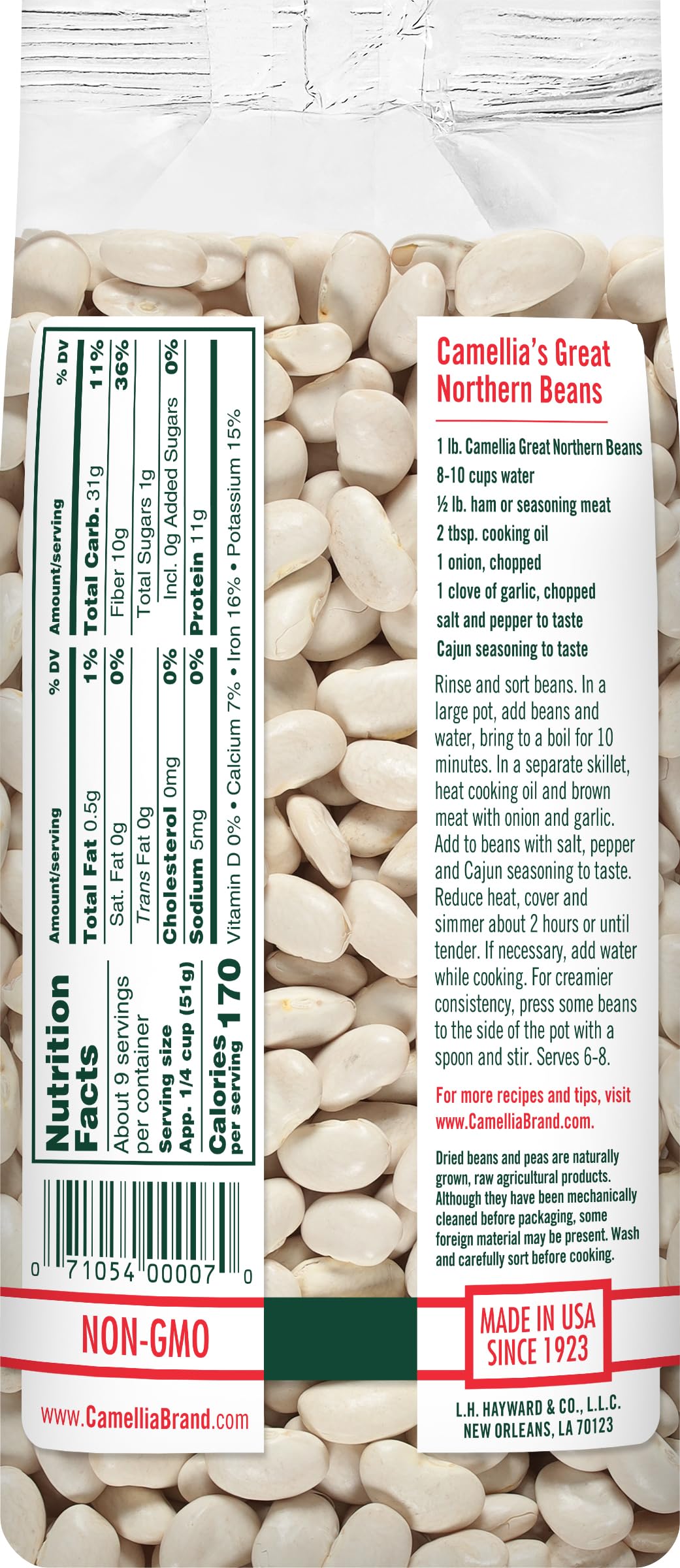 Camellia Brand Great Northern beans close-up texture highlighting creamy interior.