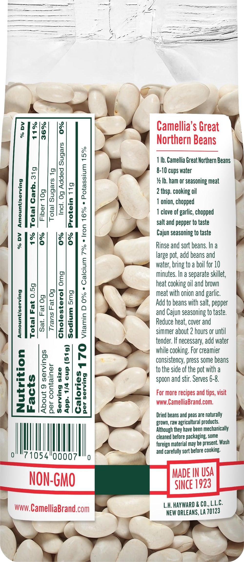 Camellia Brand Great Northern beans close-up texture highlighting creamy interior.