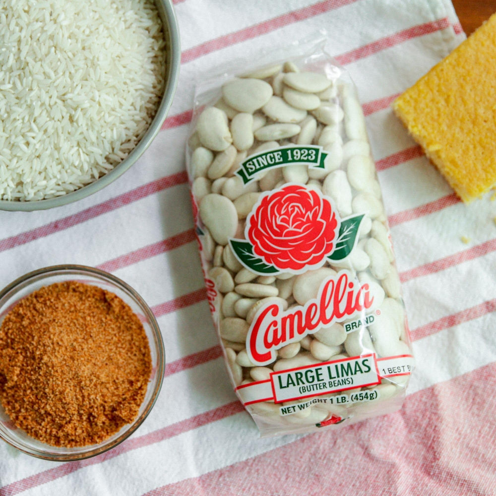 A casserole scene with Camellia Brand lima beans, ready for bake-and-serve comfort.