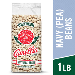 Camellia Brand Navy Beans measuring cup scene for easy portioning and prep.