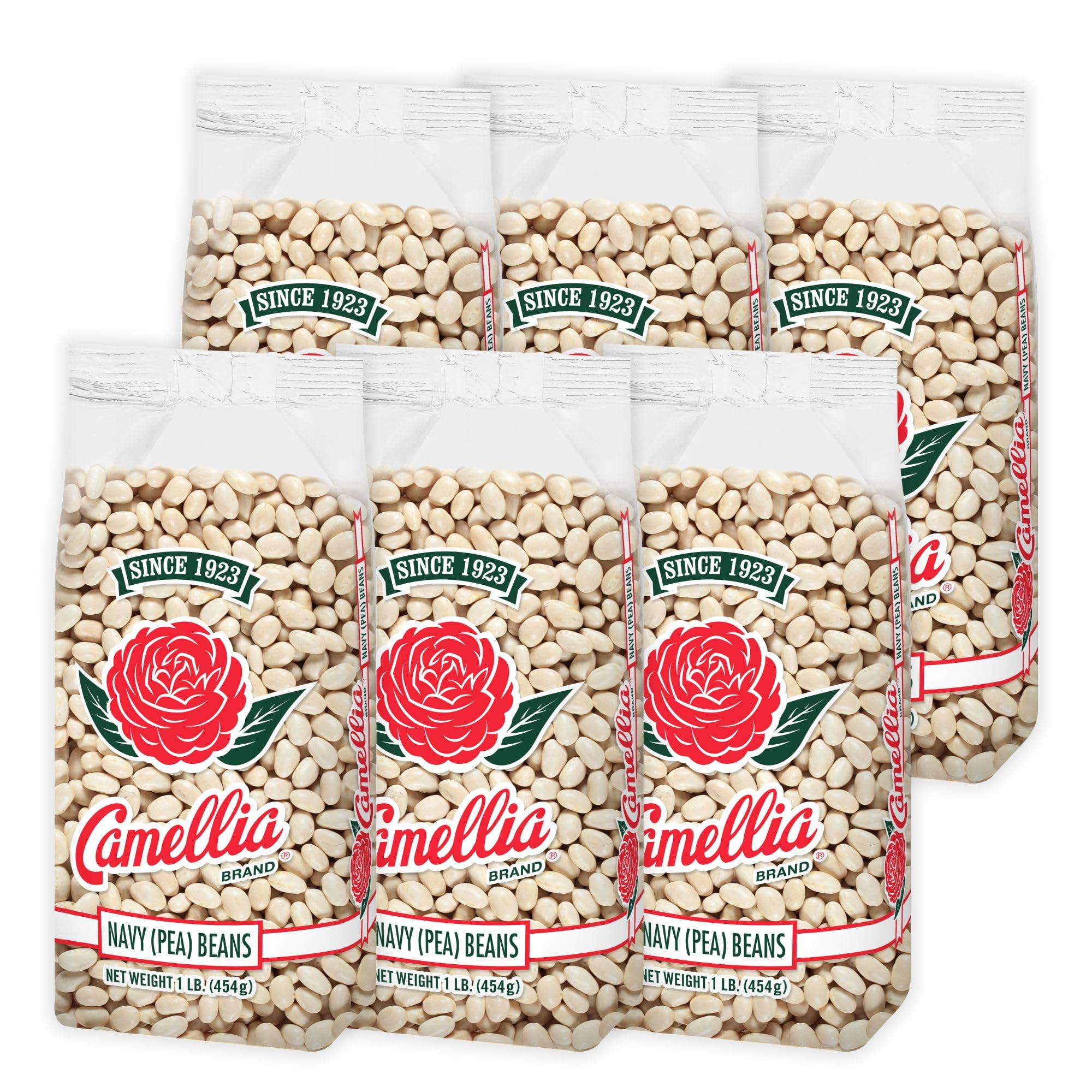 Camellia Brand navy beans packaging close-up, ready for quick family dinners.