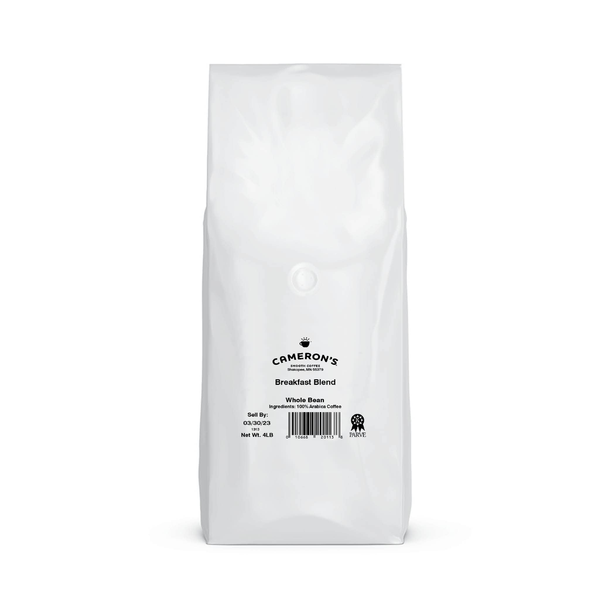 Cameron’s Coffee Breakfast Blend packaging close-up highlighting sustainability