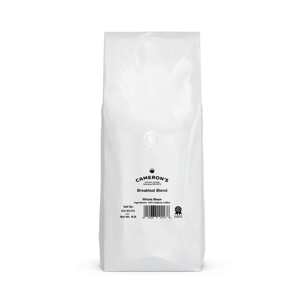 Cameron’s Coffee Breakfast Blend packaging close-up highlighting sustainability