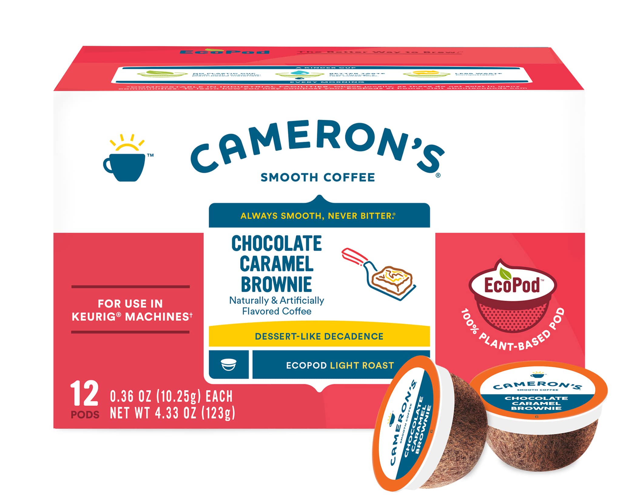 Cameron's Coffee Chocolate Caramel Brownie packaging interior shows eco-friendly pod design.