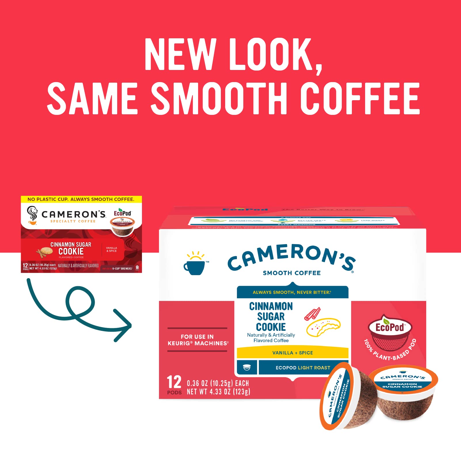 Box opened showing pods for quick coffee with Cameron's Cinnamon Sugar Cookie