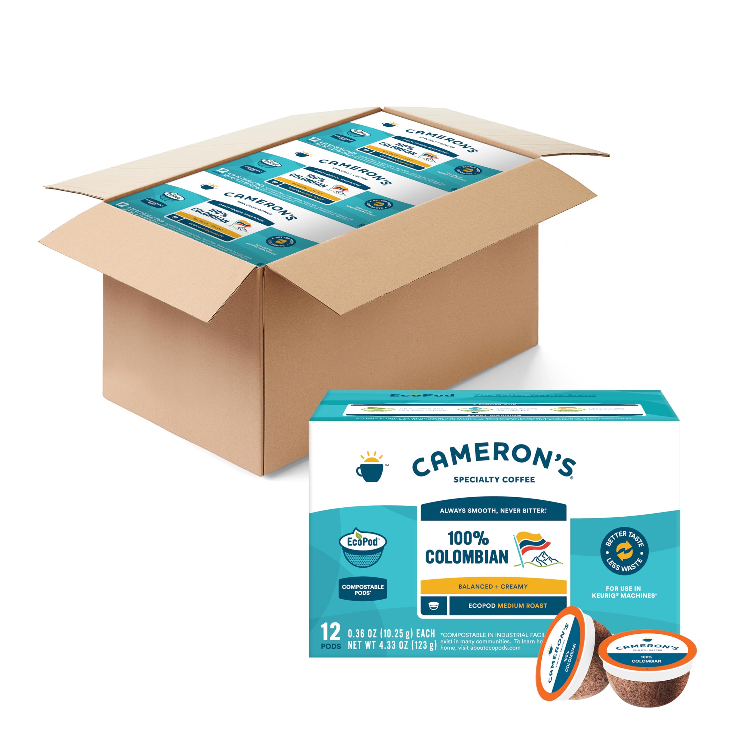 Cameron's Coffee Colombian Medium Roast EcoPods boxes for convenient six-pack home brewing.