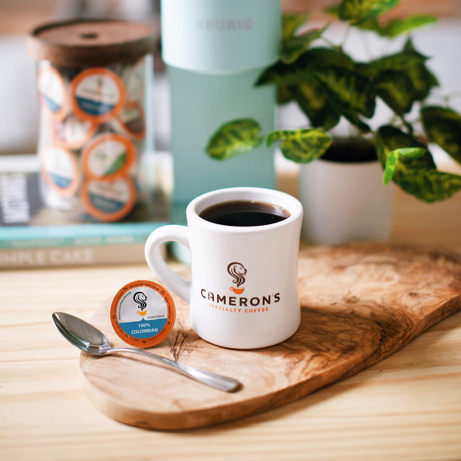 Cameron's compostable pod emphasizes eco-friendly brewing.