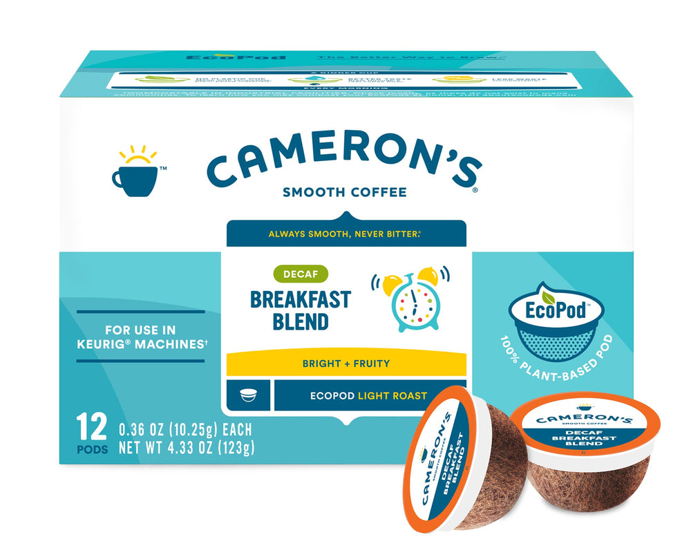 Brewing Cameron's decaf breakfast pod into a cup for aroma