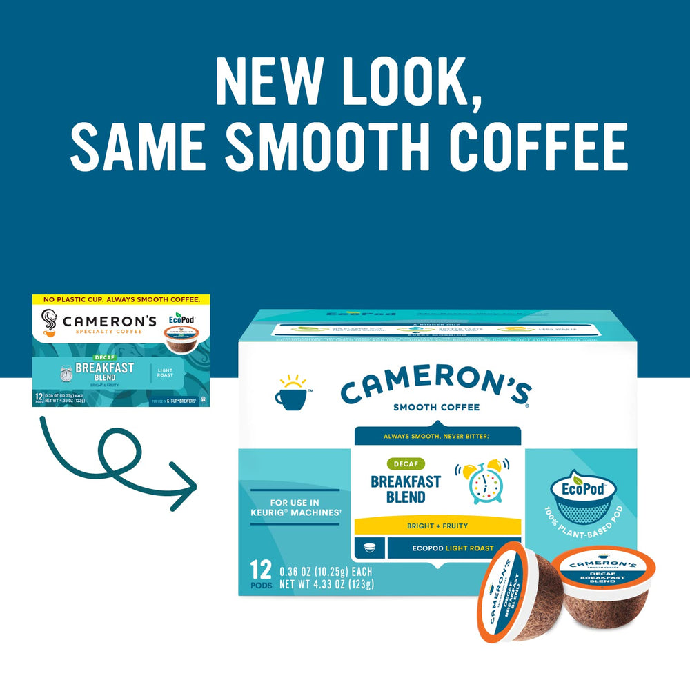 Cameron's decaf breakfast pods on kitchen counter ready to brew