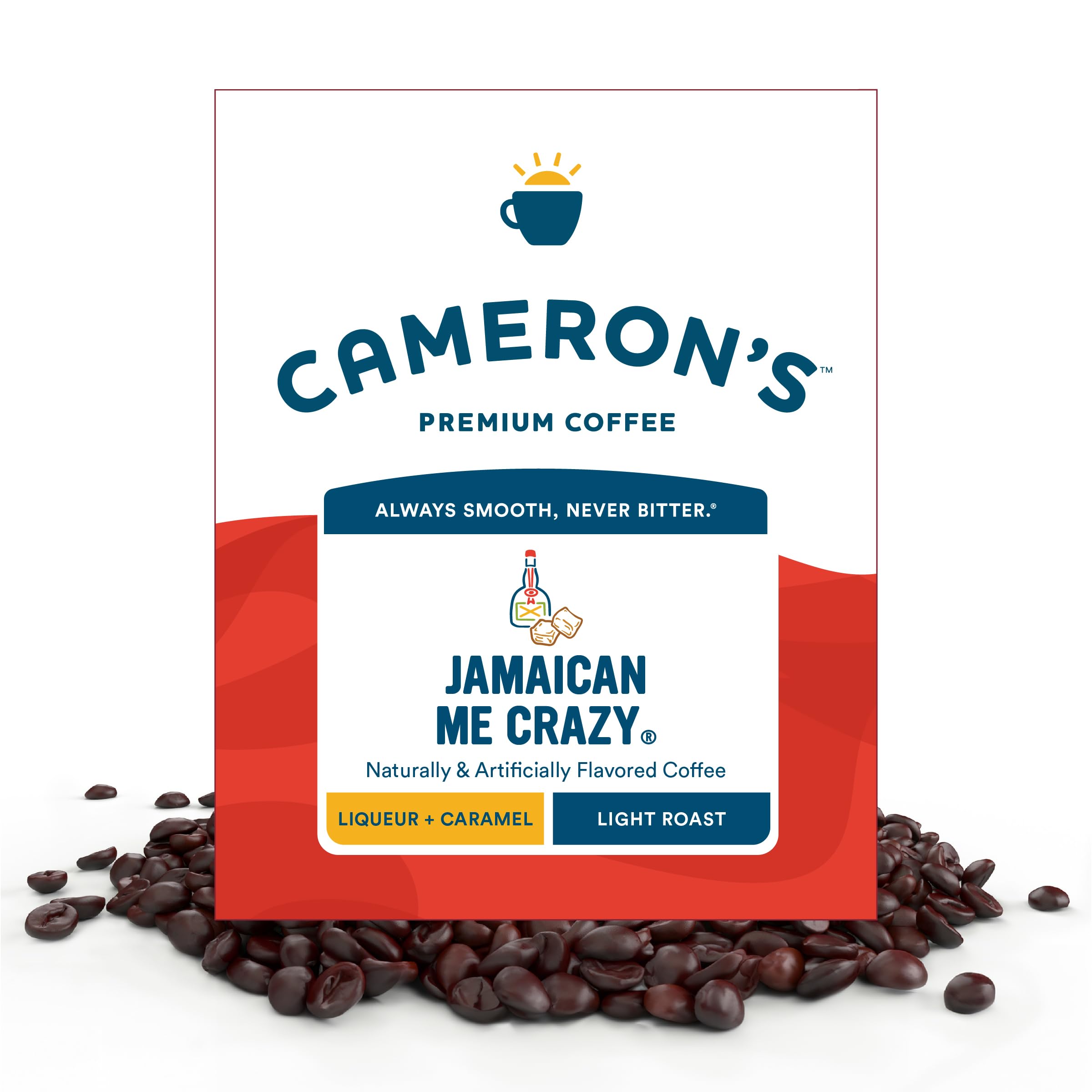 Cameron's Coffee Jamaican Me Crazy bag on counter, rich flavor for bright mornings.