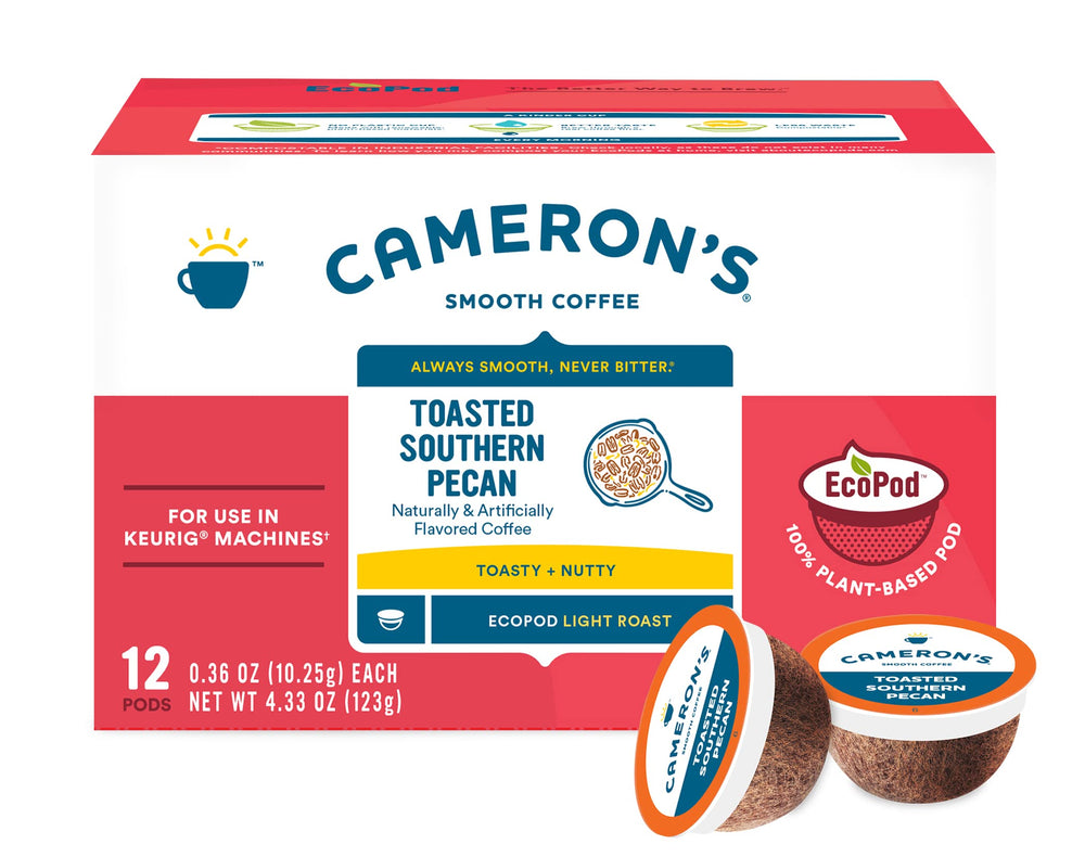 Cameron's Coffee kitchen counter packaging, ready-to-use pods for busy days