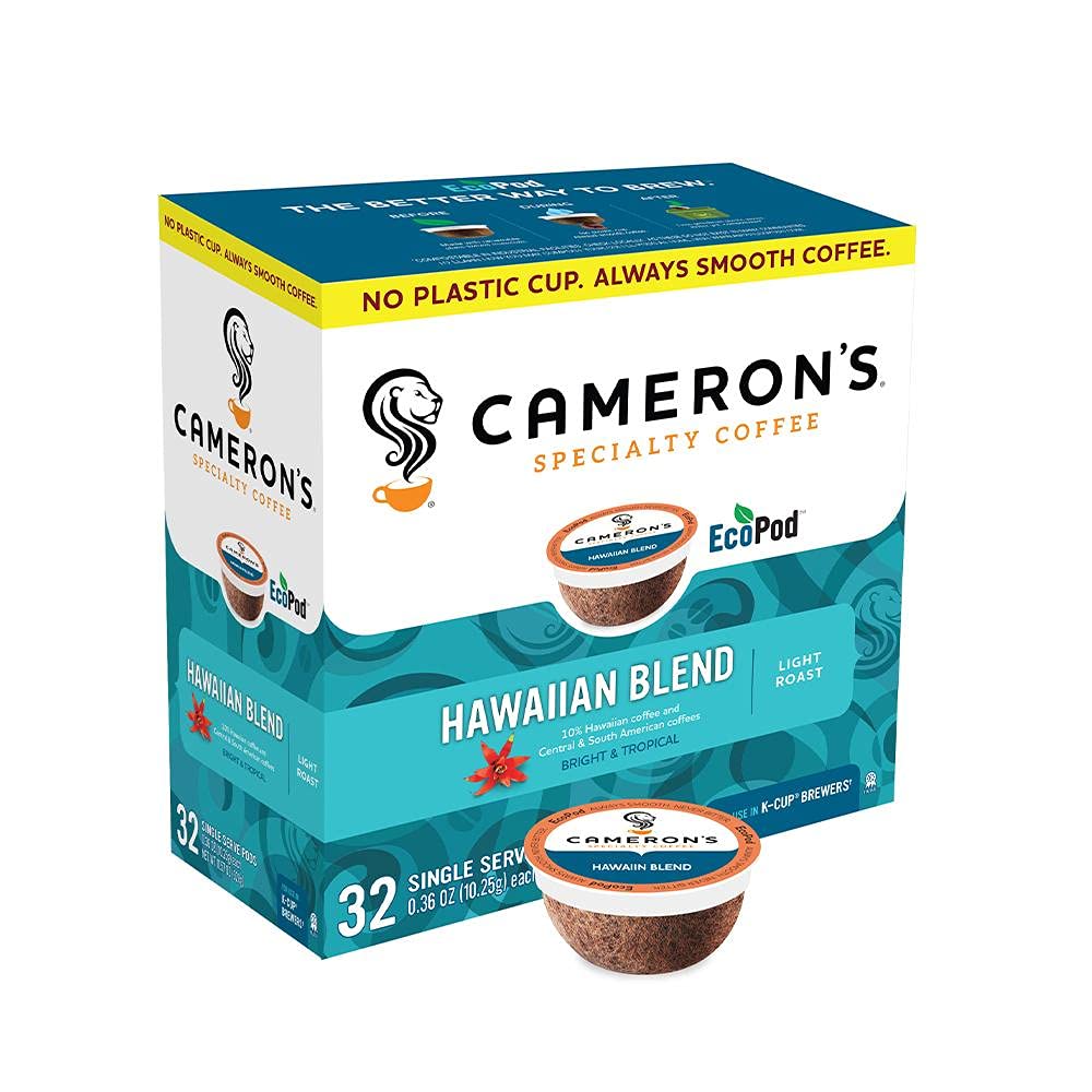 Cameron's Coffee Kona Blend pods in a 32-count box, quick home brew.