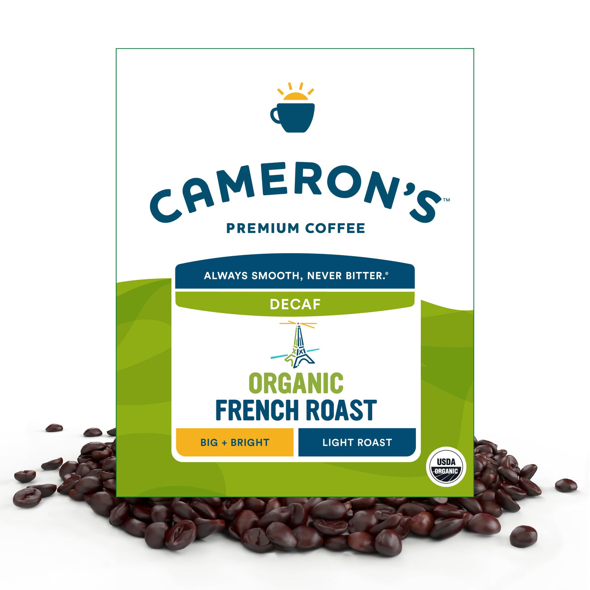 Cameron's Coffee Organic Decaf French Roast bag, rich aroma for smooth everyday brews.
