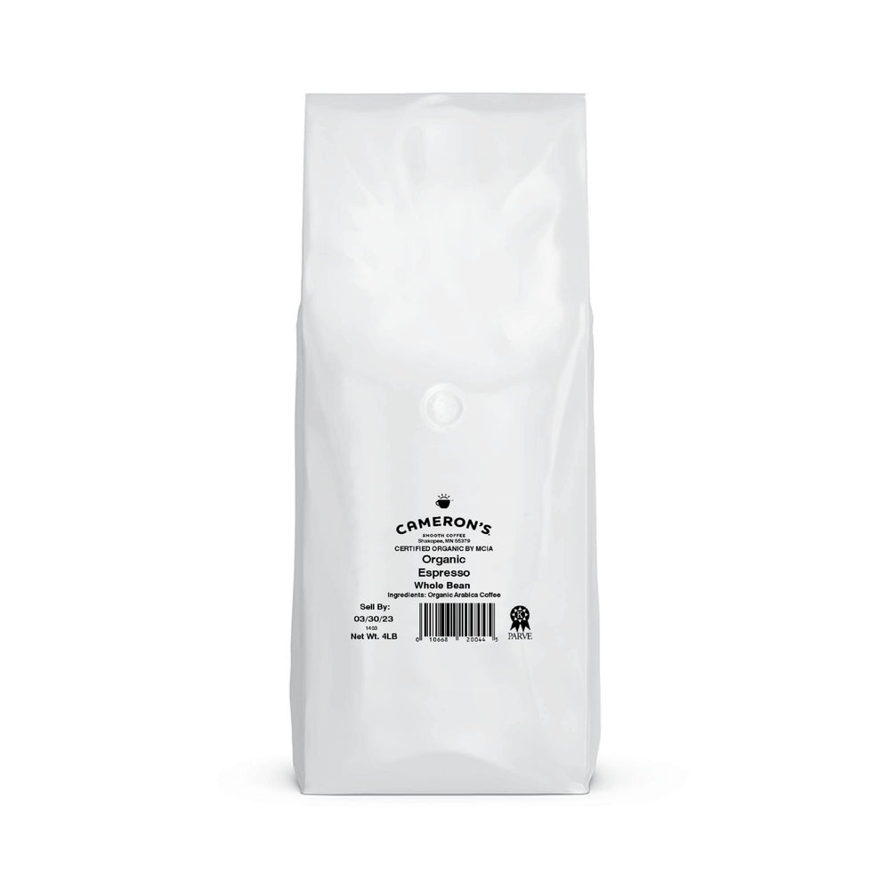 Cameron's Coffee organic espresso beans close-up highlighting bold aroma for home brewing.