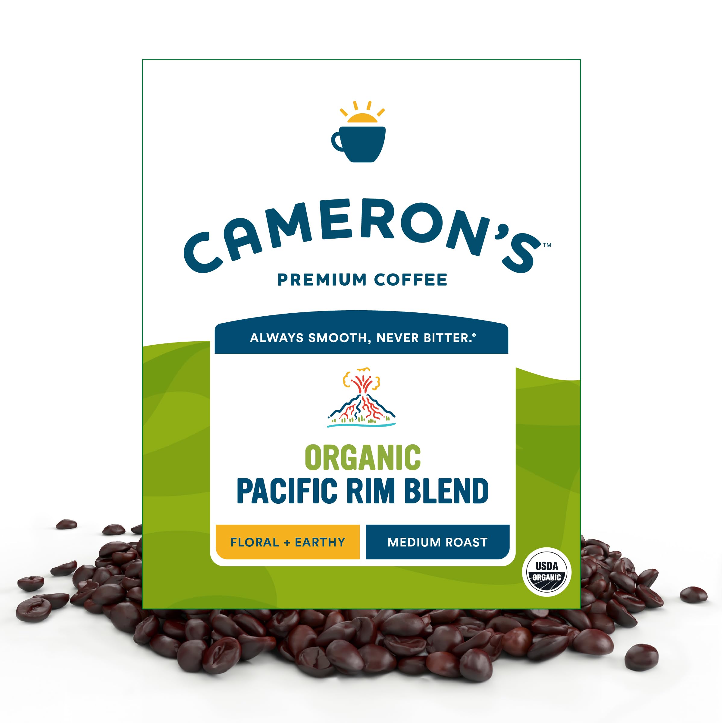 Cameron's Organic Pacific Rim blend packaging signaling sustainable small-batch coffee