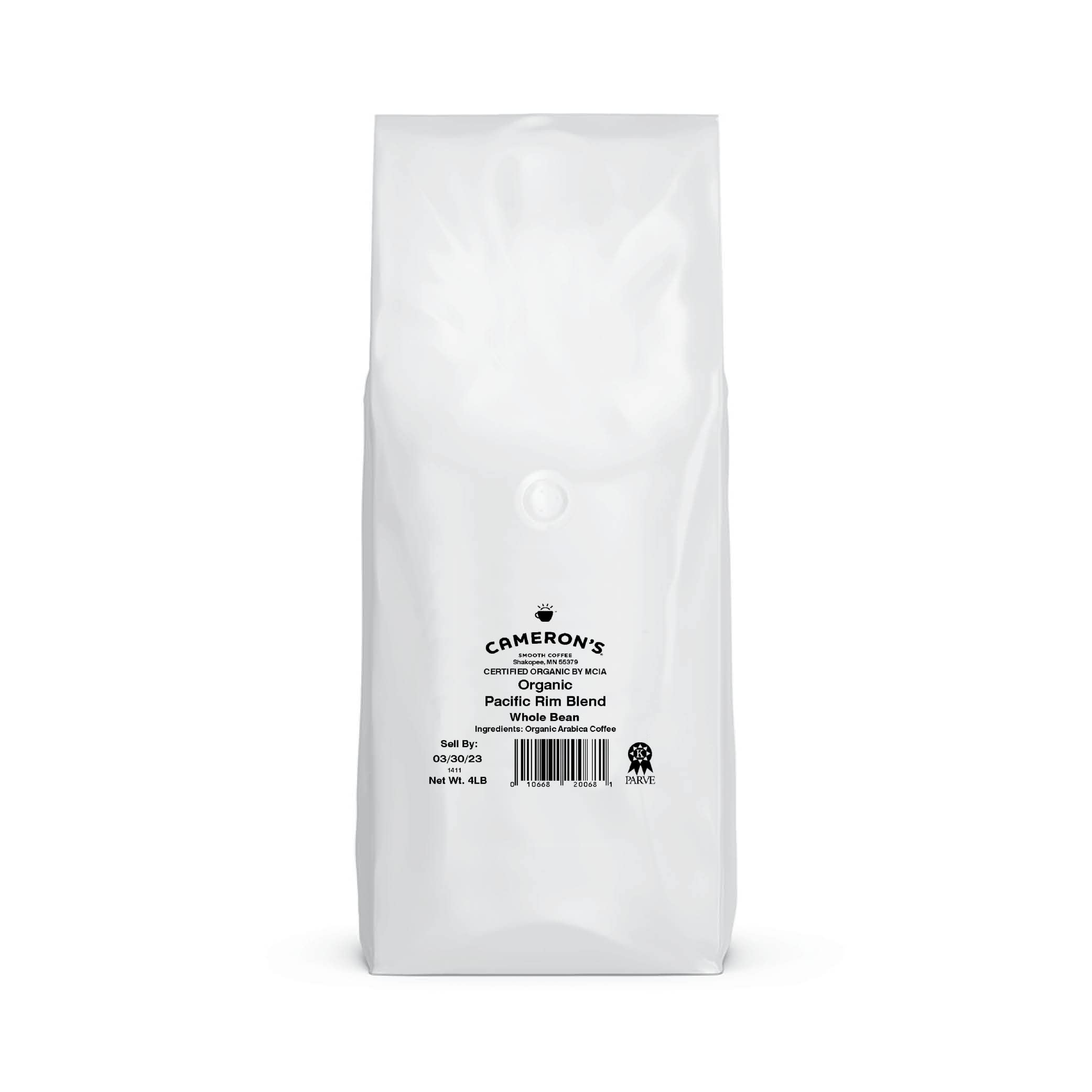 Cameron's Organic Pacific Rim whole beans in bag highlight premium aroma