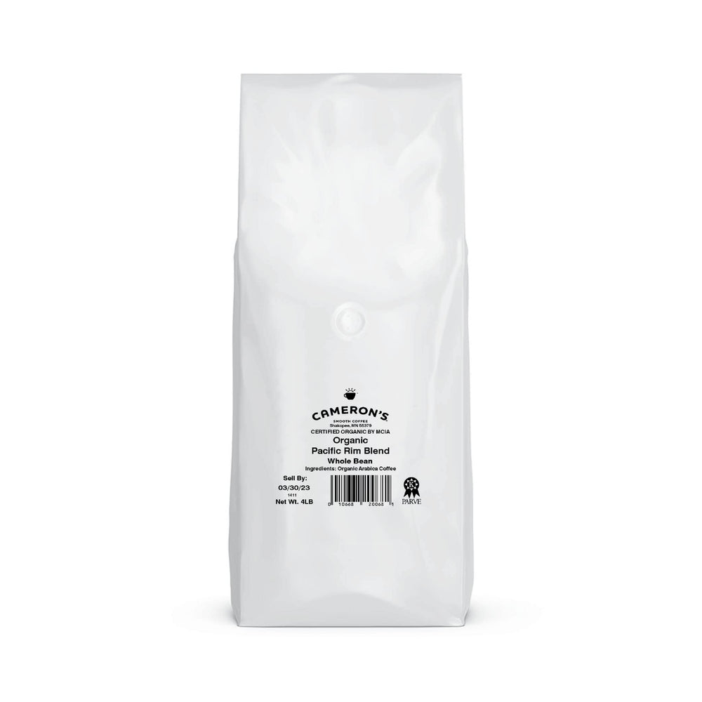 Cameron's Organic Pacific Rim whole beans in bag highlight premium aroma