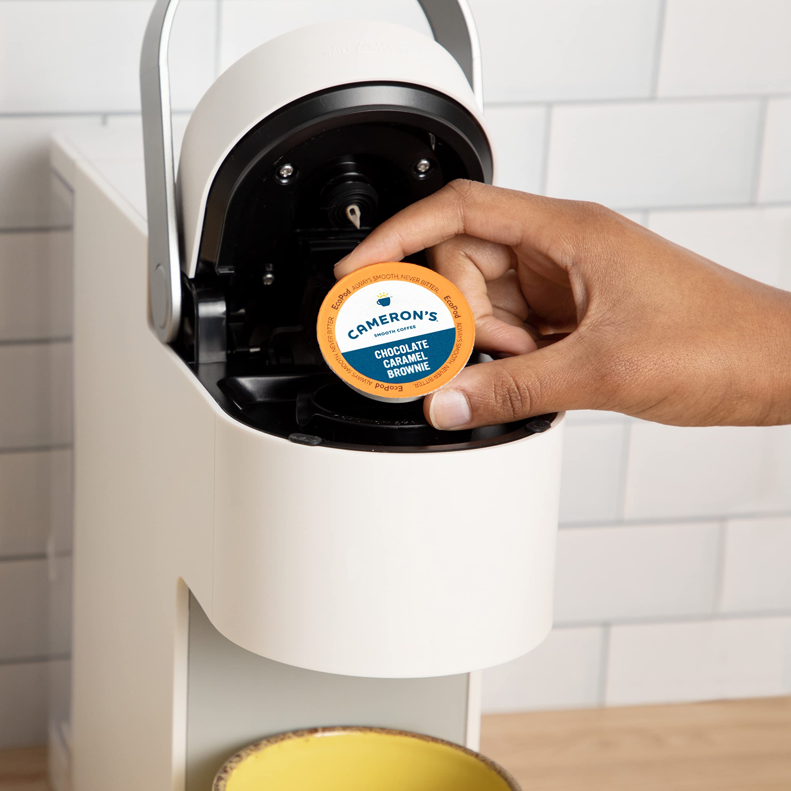 Cameron's Coffee pod filter close-up highlighting an eco-friendly design.