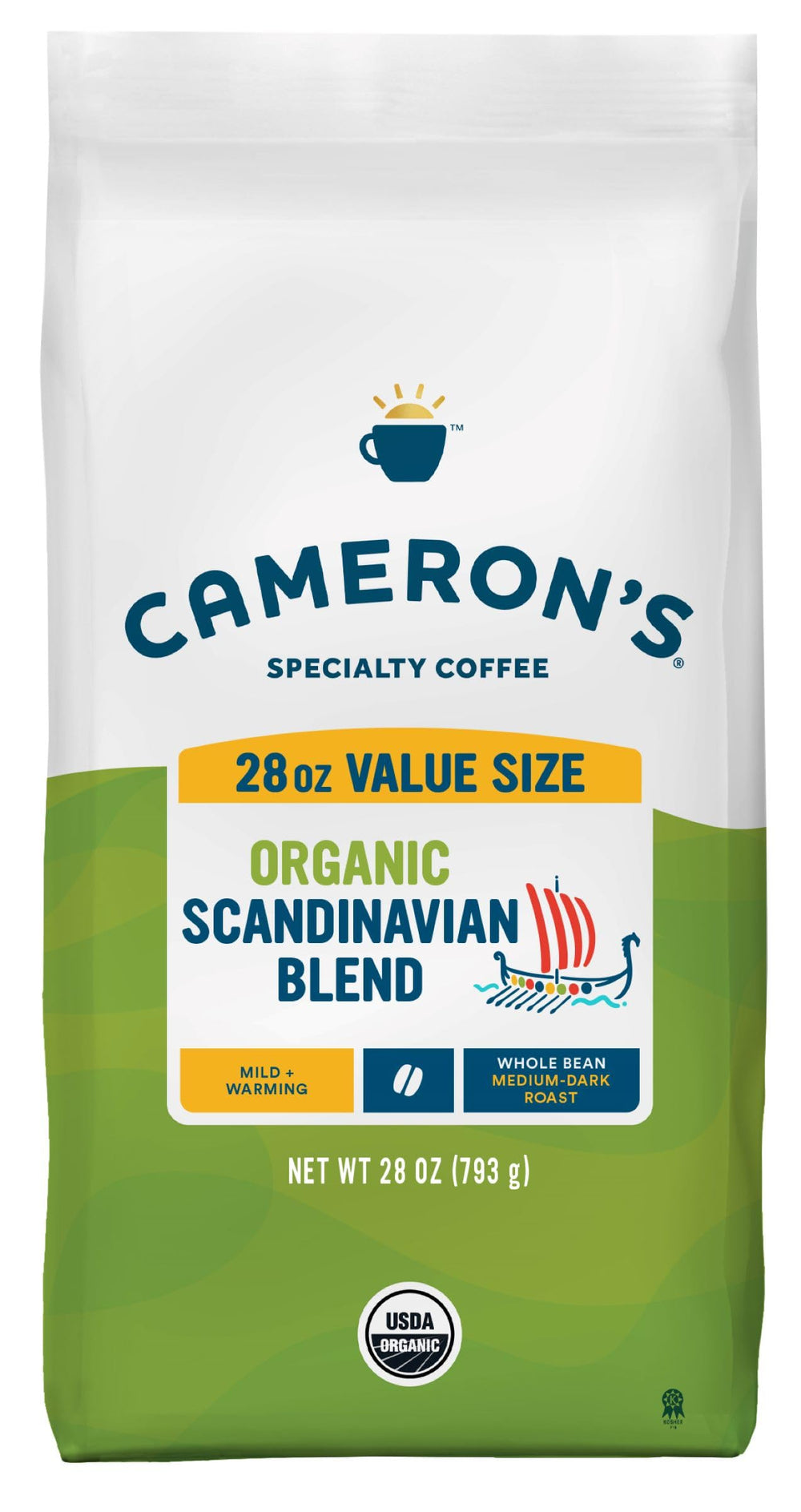 Cameron's Coffee Scandinavian Blend bag on the counter, premium packaging for home brewing.