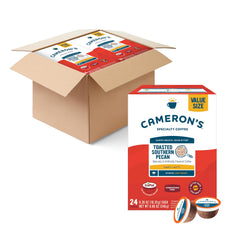 Cameron's Coffee Toasted Southern Pecan pods in a box for convenient single-serve brewing.