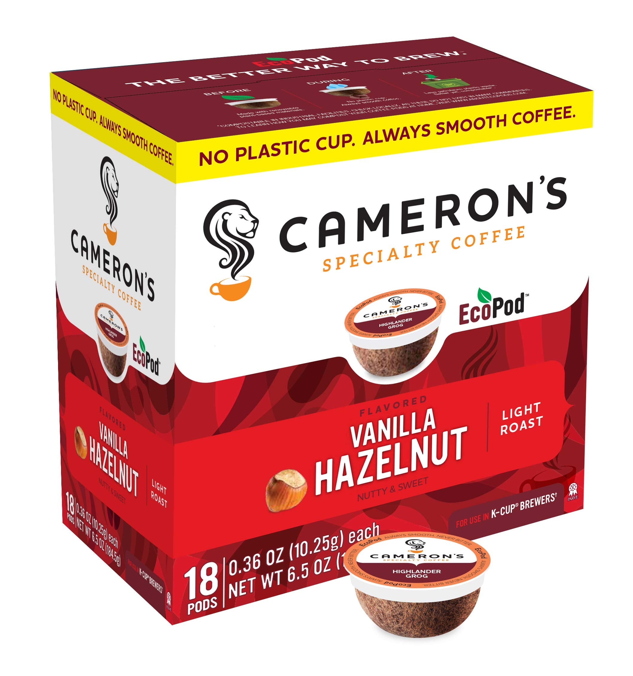 Cameron's Coffee Vanilla Hazelnut pods box for quick, flavorful mornings.