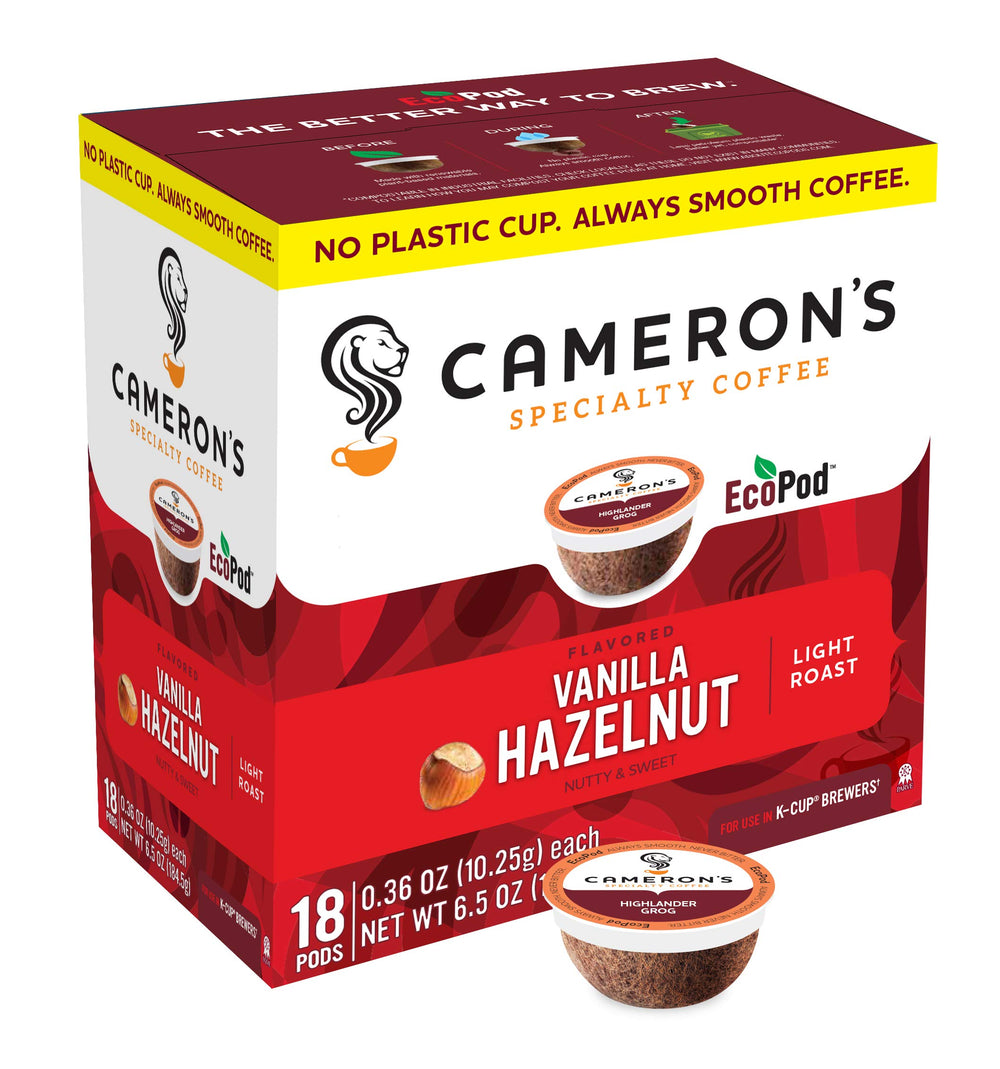 Cameron's Coffee Vanilla Hazelnut pods box for quick, flavorful mornings.