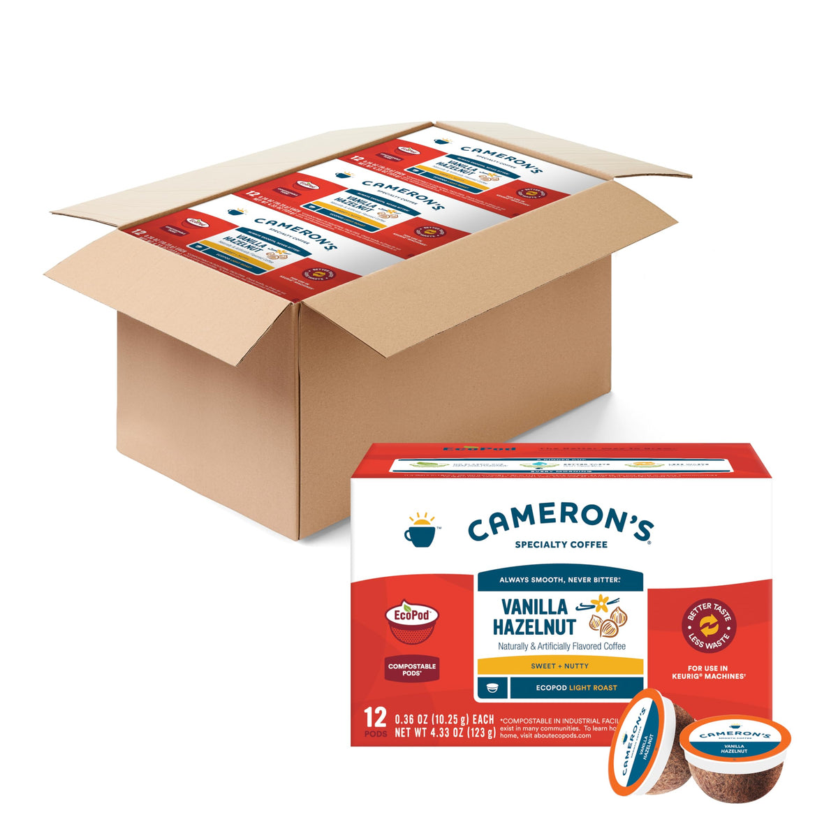 Cameron's Coffee Vanilla Hazelnut pods ready for a flavorful morning cup.