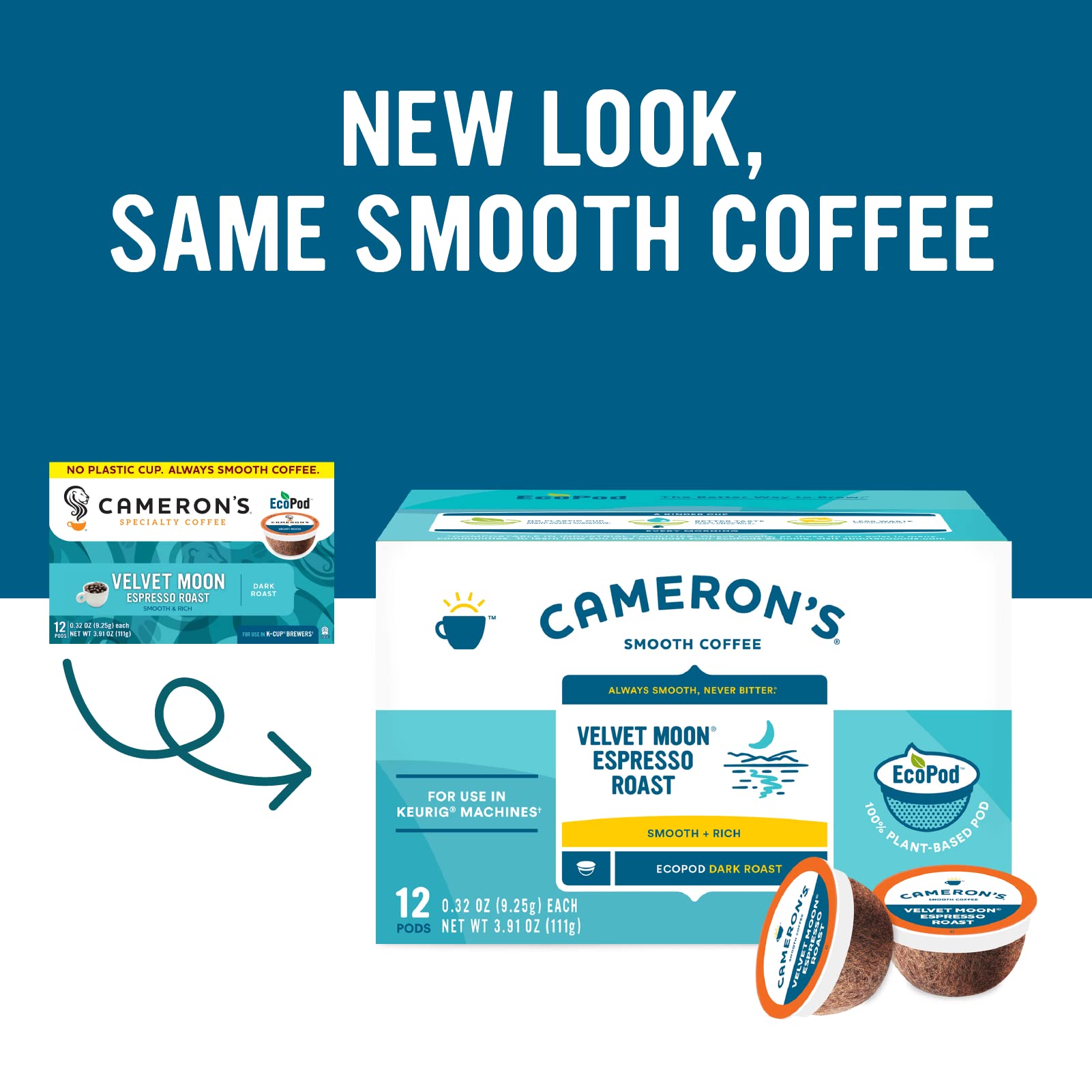 Closeup of Velvet Moon pod highlights rich roast and compact single-serve design.