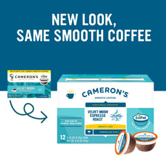 Closeup of Velvet Moon pod highlights rich roast and compact single-serve design.