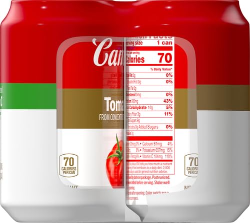 Closeup of Campbell's 100% Tomato Juice can highlighting color and quality.