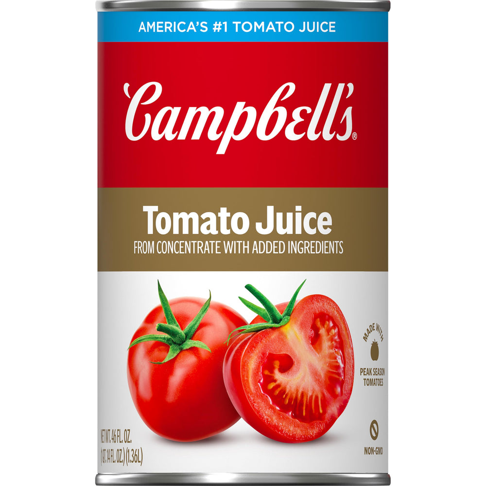 Campbell's 100% Tomato Juice can front view showing vine-ripened tomatoes for everyday meals.