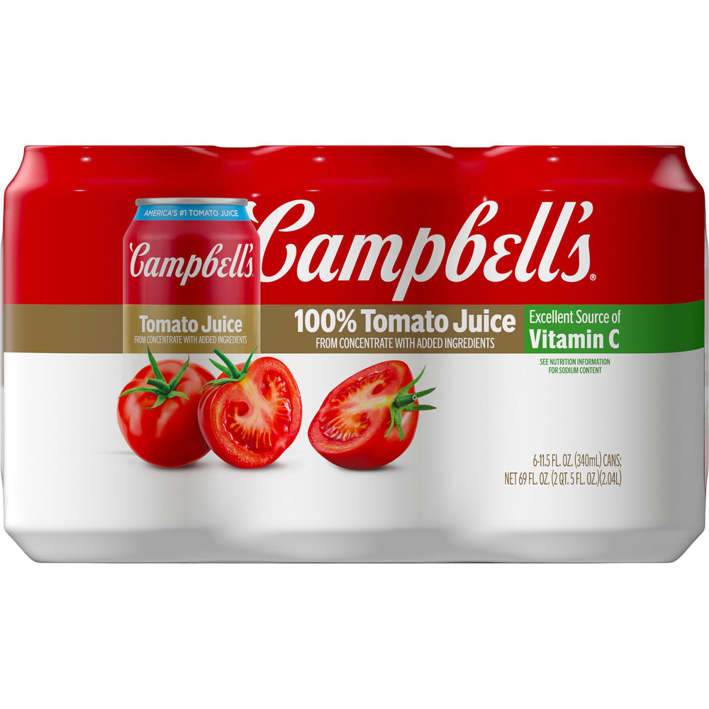 Campbell's 100% Tomato Juice can front view, convenient six-pack for on-the-go hydration.