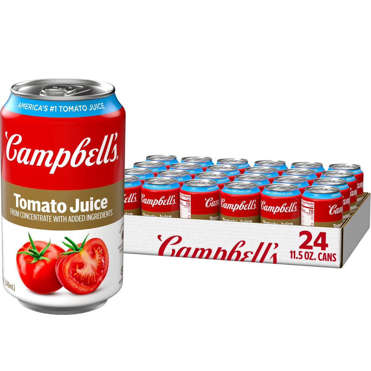 Campbell's 100% Tomato Juice can, side view, ideal for quick nutrition on the go.