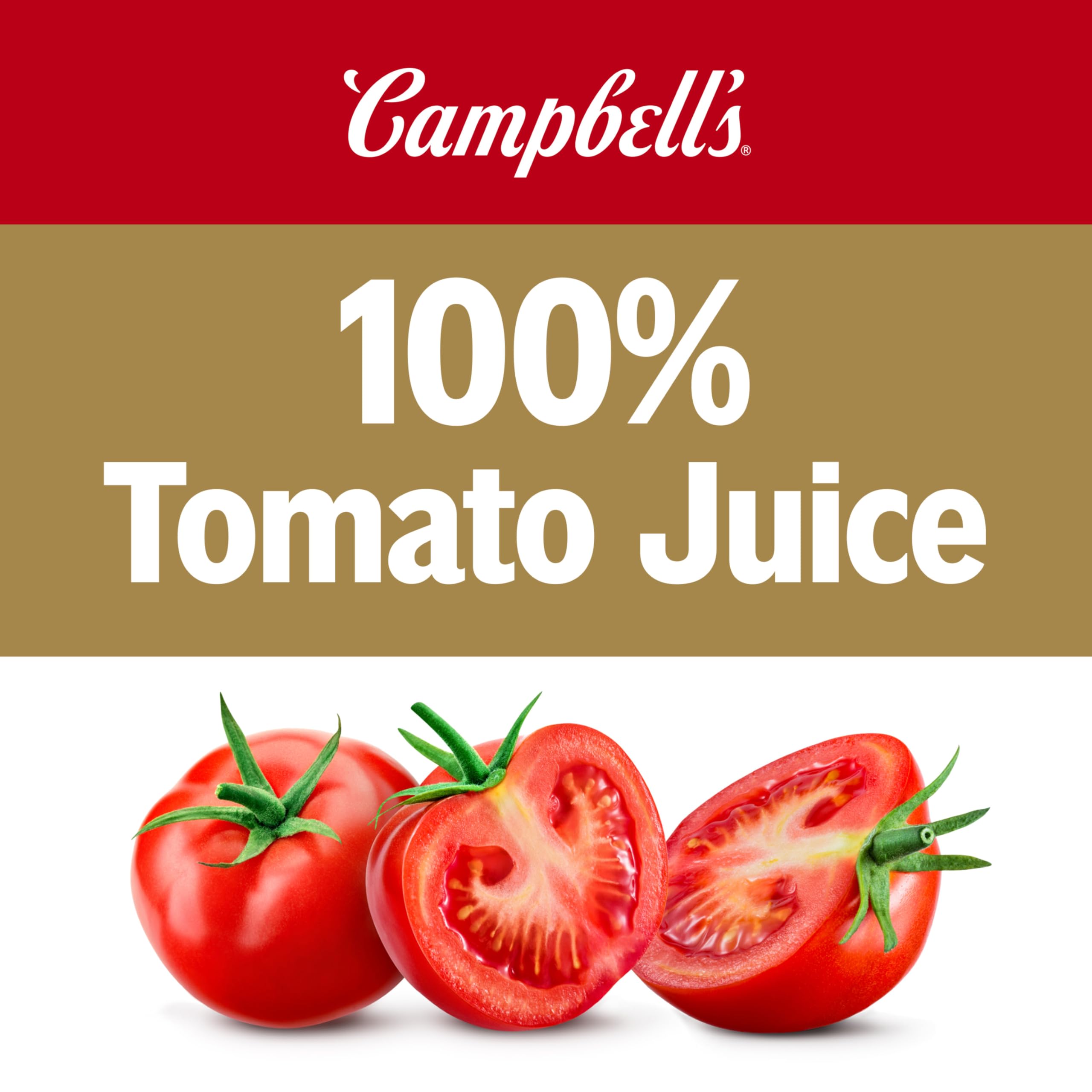 Close-up of Campbell's label highlighting 100% tomato juice quality for versatile cooking.