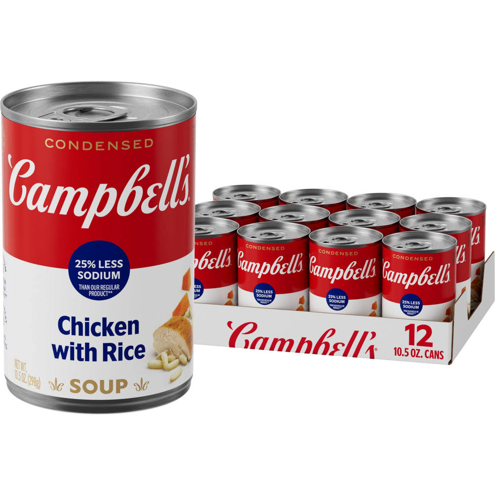 Campbell's 25% less sodium chicken and rice soup can for quick comfort
