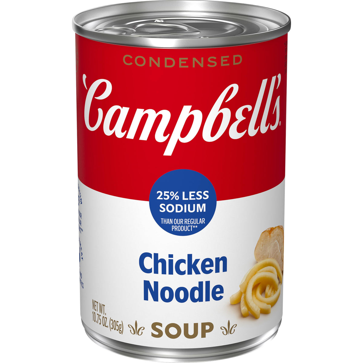 Campbell's 25% less sodium chicken noodle soup can front for quick comfort.
