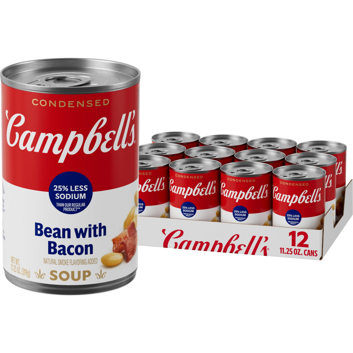 Campbell's Bean With Bacon Soup can front showing the can and serving-ready appeal
