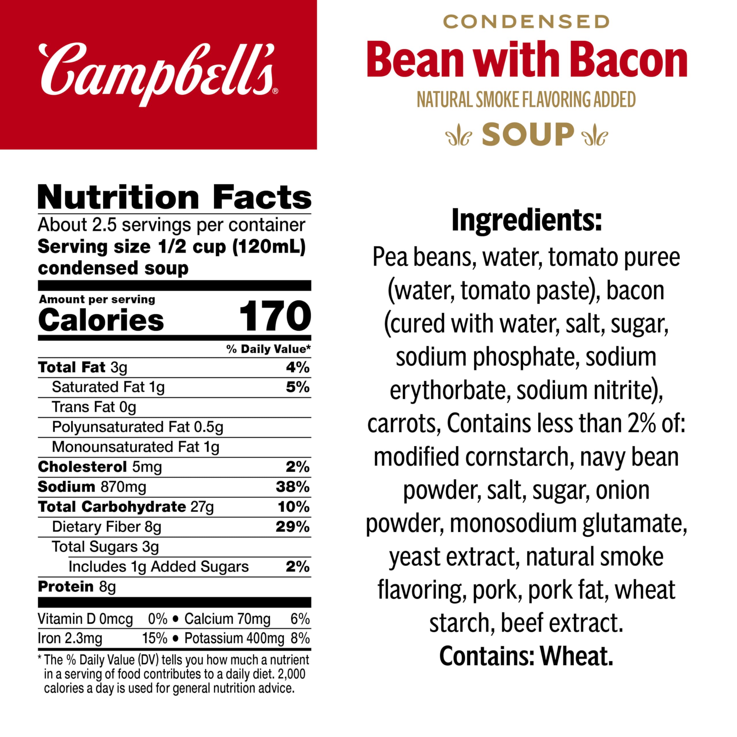 Campbell's Bean With Bacon Soup label closeup showing ingredients and flavor