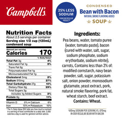 Campbell's Bean With Bacon Soup label closeup highlighting ingredients and smoky flavor