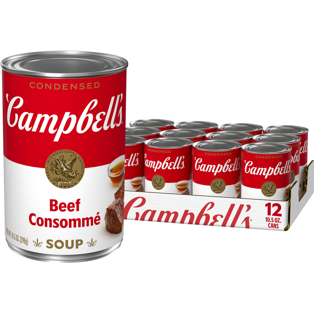 Campbell's Beef Consomme cans stacked, a reliable pantry staple for quick flavor.